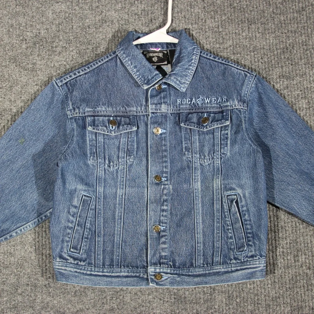 Vintage Rocawear Denim Jacket Boy's Large Blue Button Down Embroidered Y2K Retro